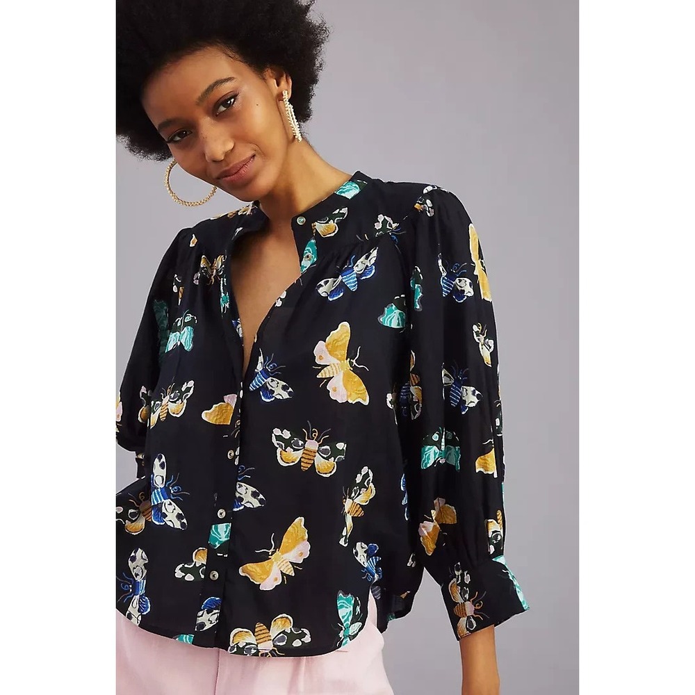 Sarah Gordon Anthropologie Butterfly button down blouse Size Small Cotton